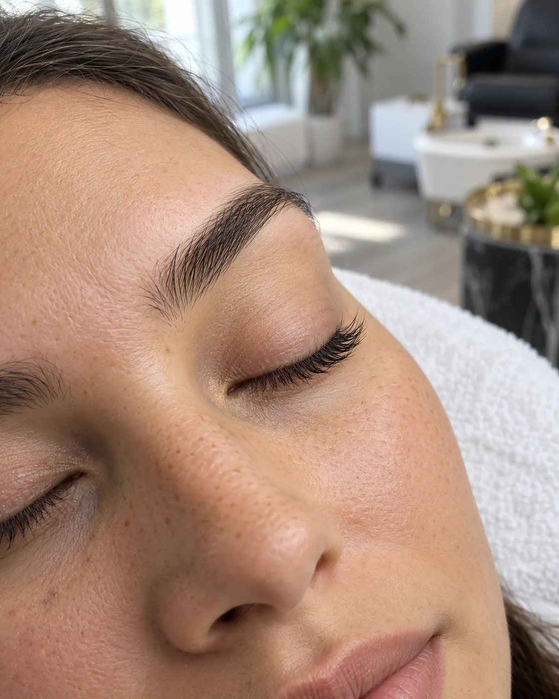Finished lash lift and tint with the client’s eye closed