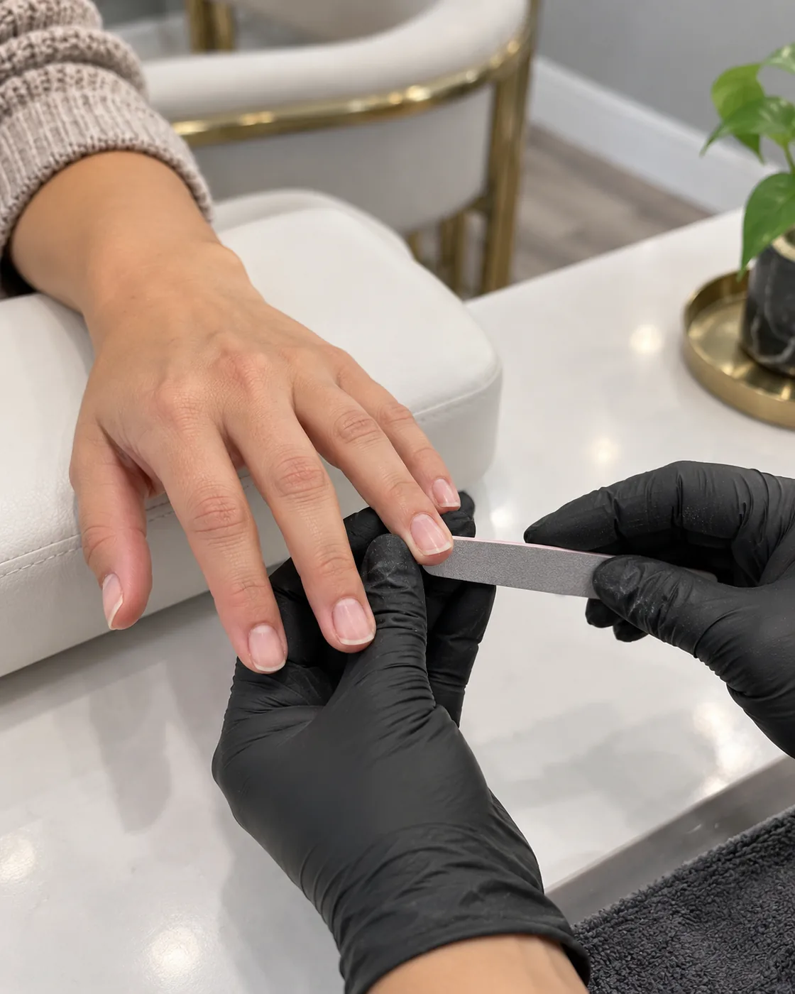 Technician filing a client’s natural nails at a white manicure table