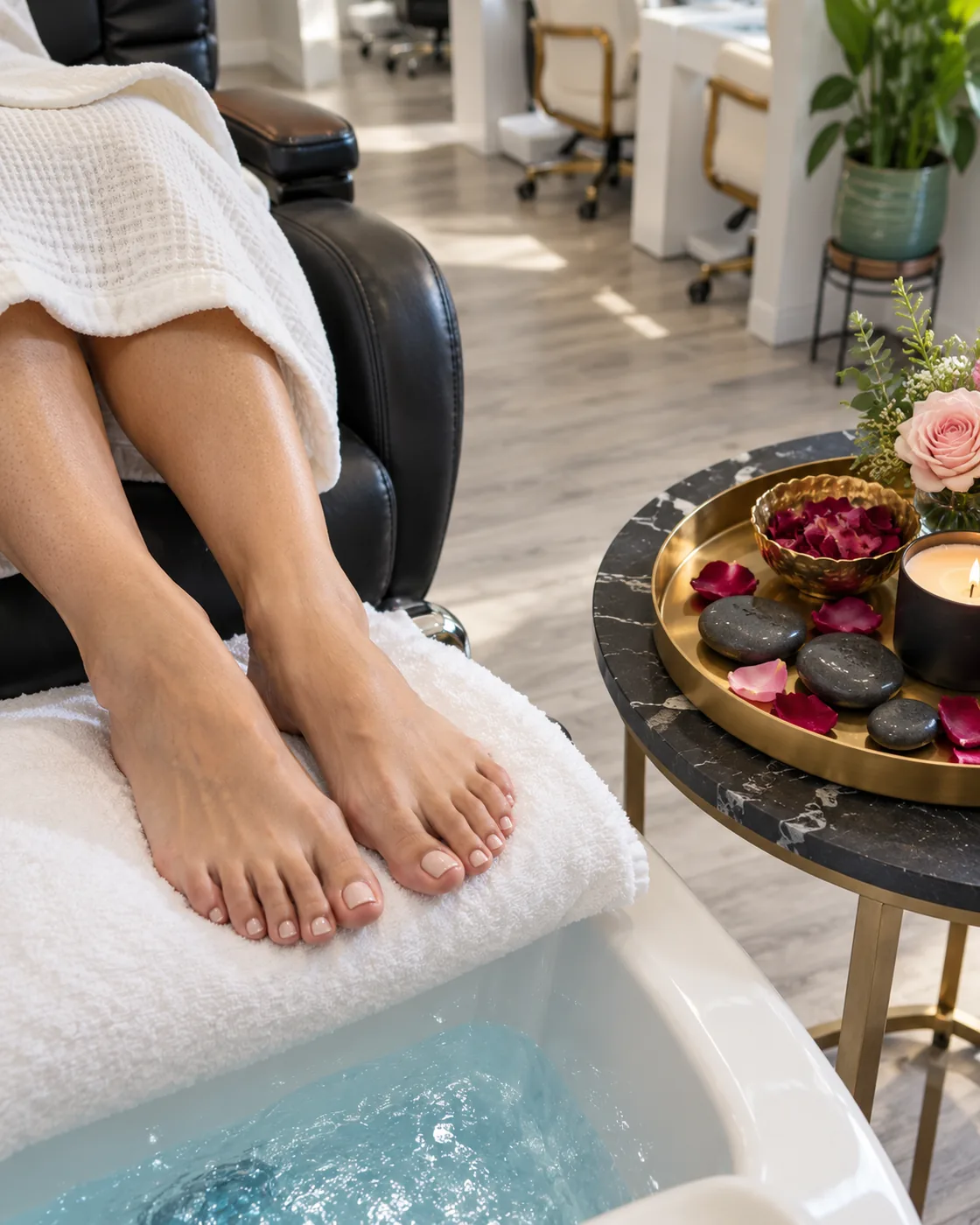 Pedicure with feet on a white towel beside a gold tray of hot stones and rose petals