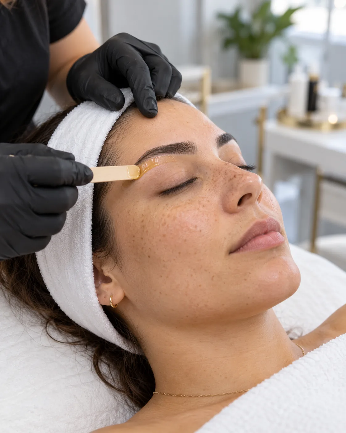 Technician applying brow wax with a wooden spatula